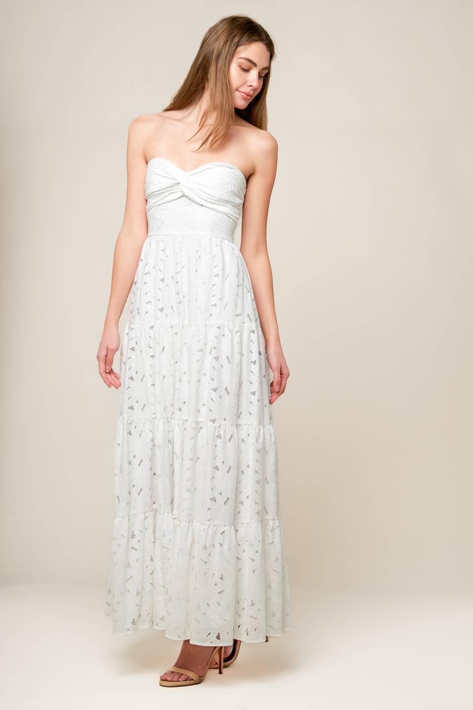 Women’s White Strapless Lace Maxi Dress with Twist Bodice, Smocked Back & Tiered Skirt