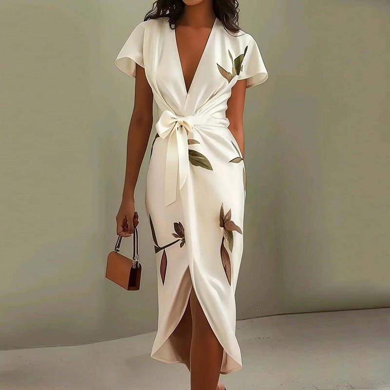 Women’s Printed Wrap Maxi Dress – Elegant V-Neck Tie Waist Flowy Long Dress for Weddings, Vacation & Summer Event