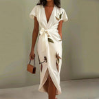 Women’s Printed Wrap Maxi Dress – Elegant V-Neck Tie Waist Flowy Long Dress for Weddings, Vacation & Summer Event