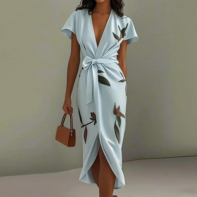 Women’s Printed Wrap Maxi Dress – Elegant V-Neck Tie Waist Flowy Long Dress for Weddings, Vacation & Summer Event