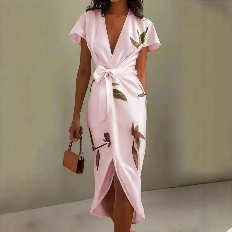 Women’s Printed Wrap Maxi Dress – Elegant V-Neck Tie Waist Flowy Long Dress for Weddings, Vacation & Summer Event