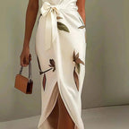 Women’s Printed Wrap Maxi Dress – Elegant V-Neck Tie Waist Flowy Long Dress for Weddings, Vacation & Summer Event