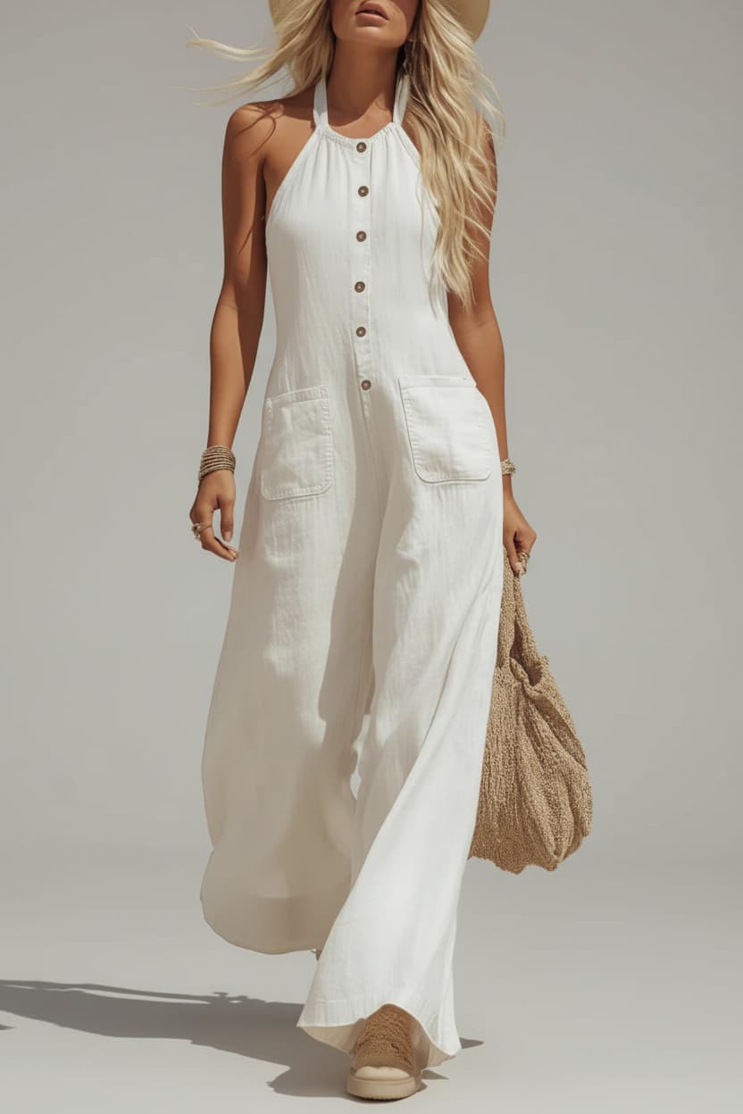 Women’s Halter Wide Leg Jumpsuit – Linen Look Button Front Casual Chic Summer Romper with Pockets