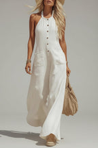 Women’s Halter Wide Leg Jumpsuit – Linen Look Button Front Casual Chic Summer Romper with Pockets