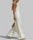 Women’s Halter Wide Leg Jumpsuit – Linen Look Button Front Casual Chic Summer Romper with Pockets