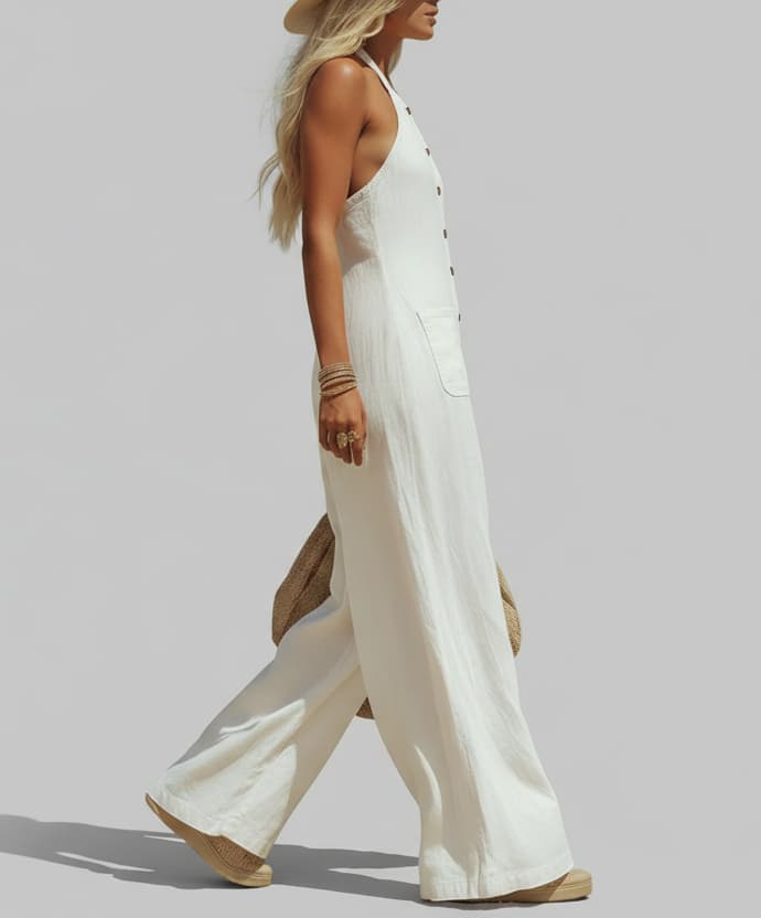 Women’s Halter Wide Leg Jumpsuit – Linen Look Button Front Casual Chic Summer Romper with Pockets
