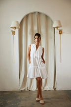Boho Tassel Tie Neck Sleeveless Tiered Mini Dress in White