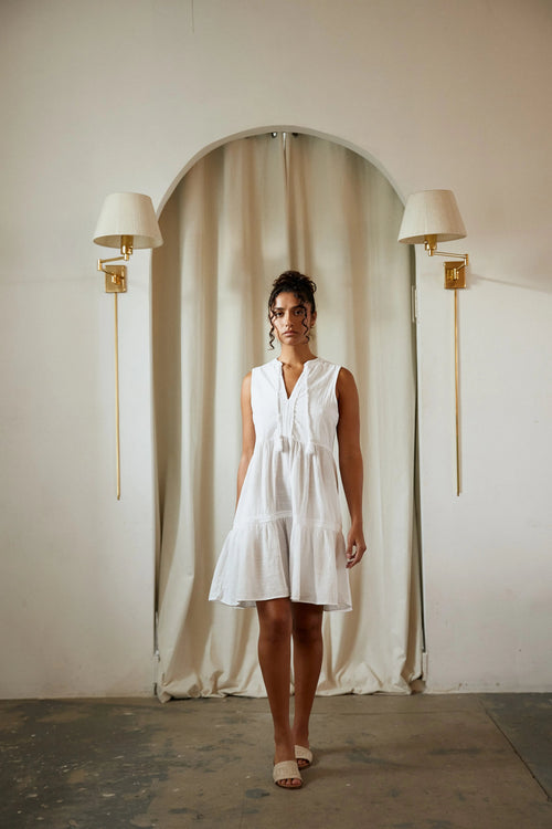 Boho Tassel Tie Neck Sleeveless Tiered Mini Dress in White