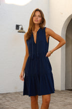 Sleeveless V-Neck Tiered Smock Dress in Navy Blue