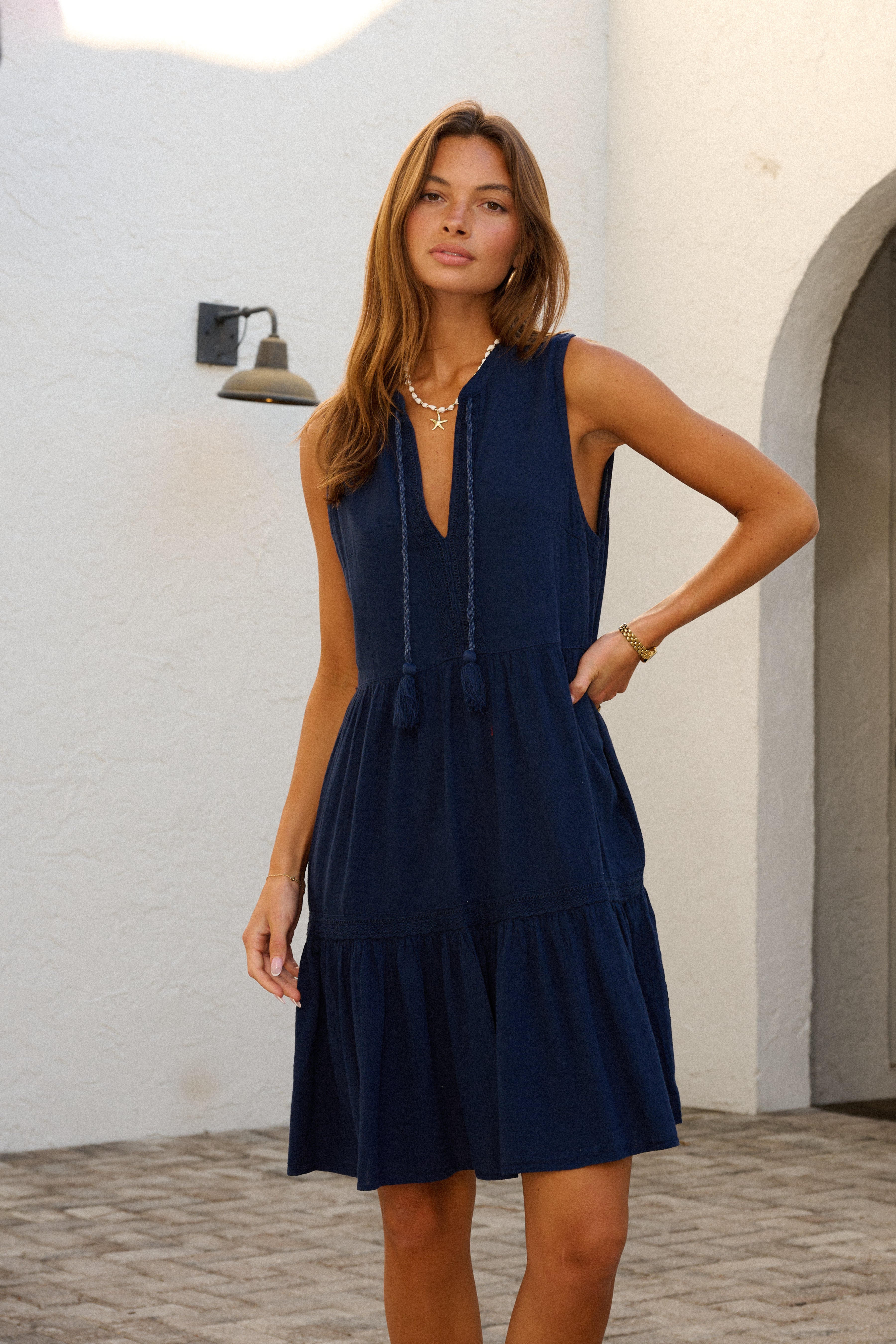 Sleeveless V-Neck Tiered Smock Dress in Navy Blue