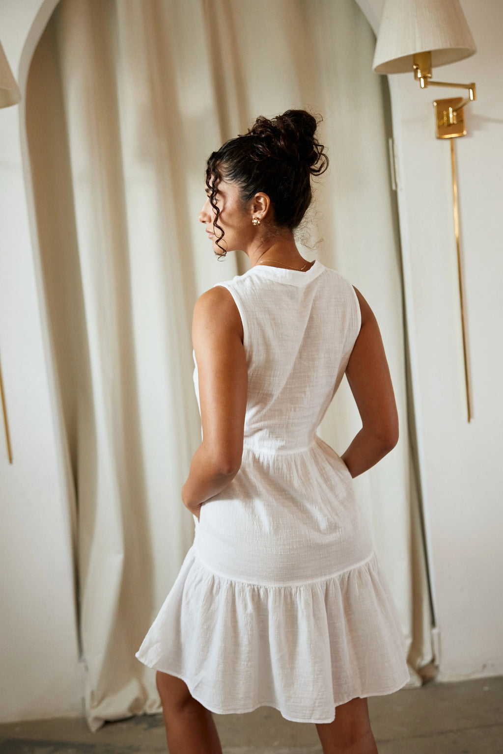 Boho Tassel Tie Neck Sleeveless Tiered Mini Dress in White