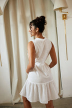 Boho Tassel Tie Neck Sleeveless Tiered Mini Dress in White