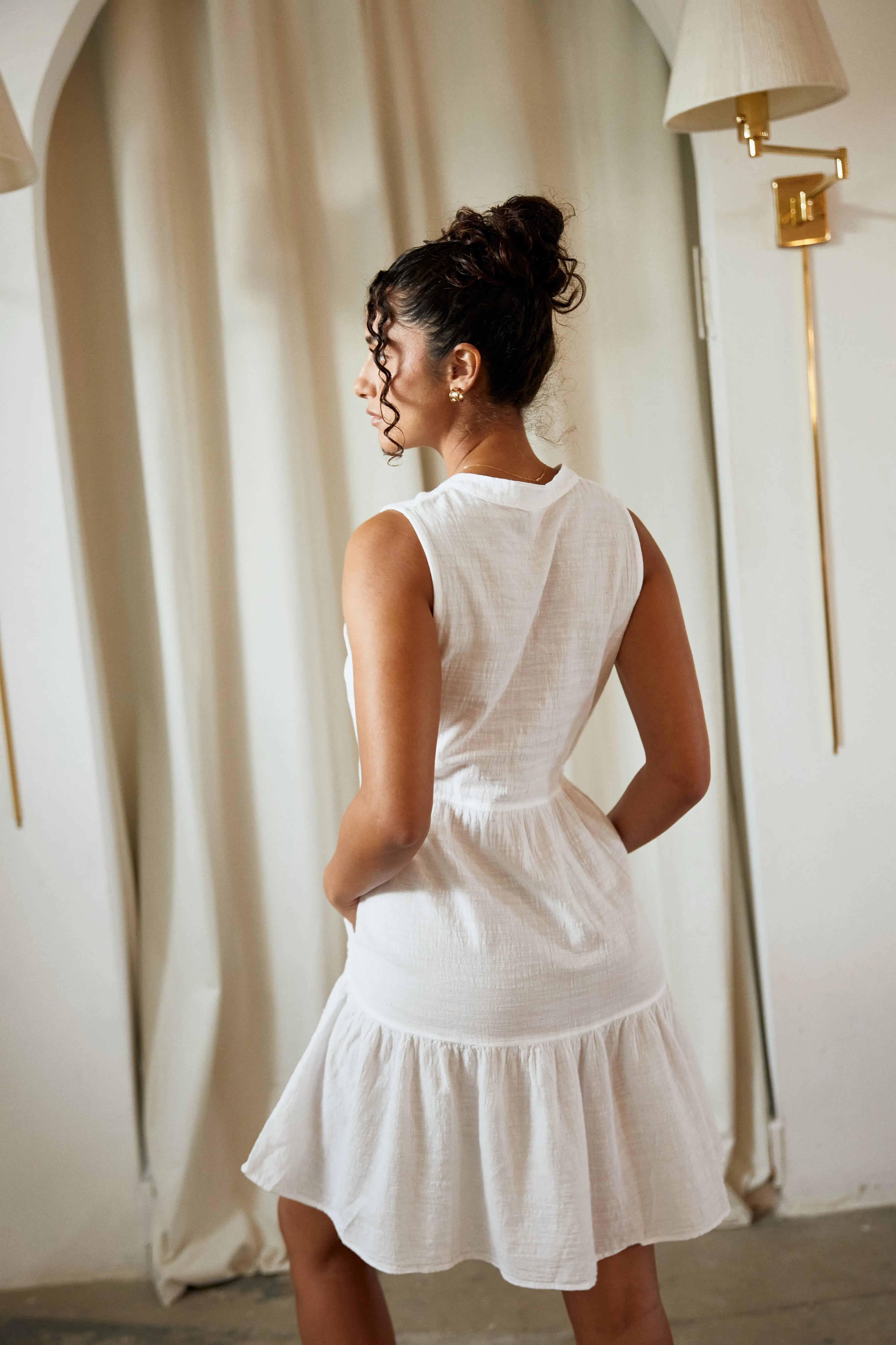 Boho Tassel Tie Neck Sleeveless Tiered Mini Dress in White