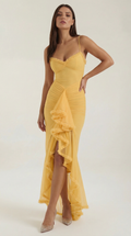 Wisteria Gown Maxi Dress – Romantic Ruched Asymmetric Ruffle Hem Statement Dress
