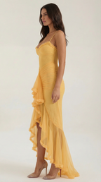 Wisteria Gown Maxi Dress – Romantic Ruched Asymmetric Ruffle Hem Statement Dress