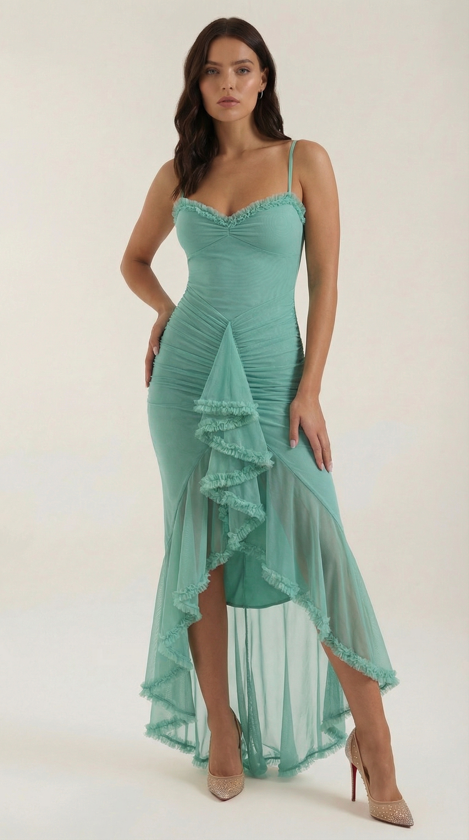 Wisteria Gown Maxi Dress – Romantic Ruched Asymmetric Ruffle Hem Statement Dress