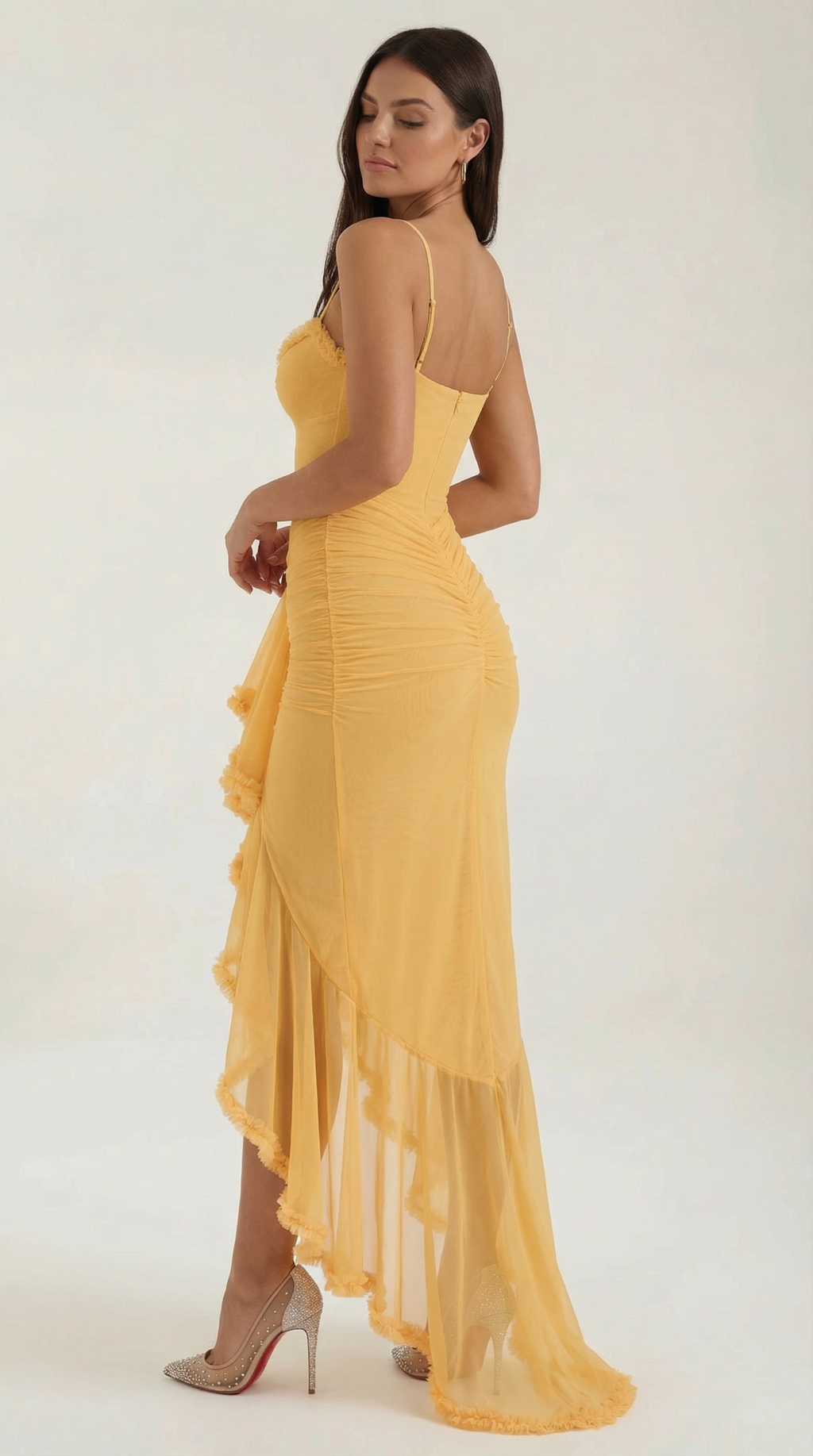 Wisteria Gown Maxi Dress – Romantic Ruched Asymmetric Ruffle Hem Statement Dress