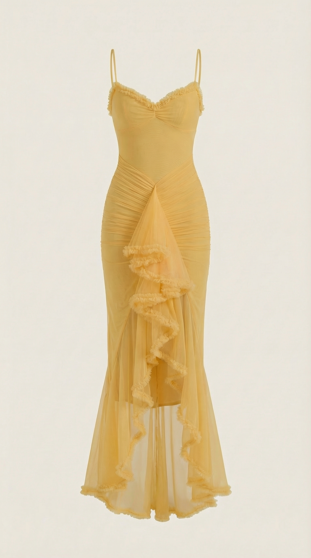 Wisteria Gown Maxi Dress – Romantic Ruched Asymmetric Ruffle Hem Statement Dress