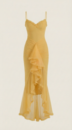 Wisteria Gown Maxi Dress – Romantic Ruched Asymmetric Ruffle Hem Statement Dress