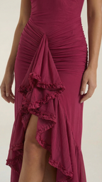 Wisteria Gown Maxi Dress – Romantic Ruched Asymmetric Ruffle Hem Statement Dress