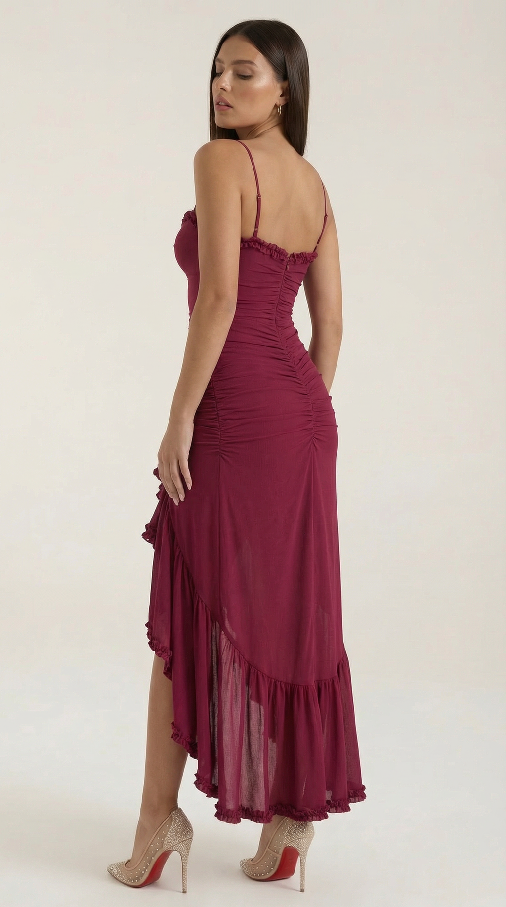 Wisteria Gown Maxi Dress – Romantic Ruched Asymmetric Ruffle Hem Statement Dress