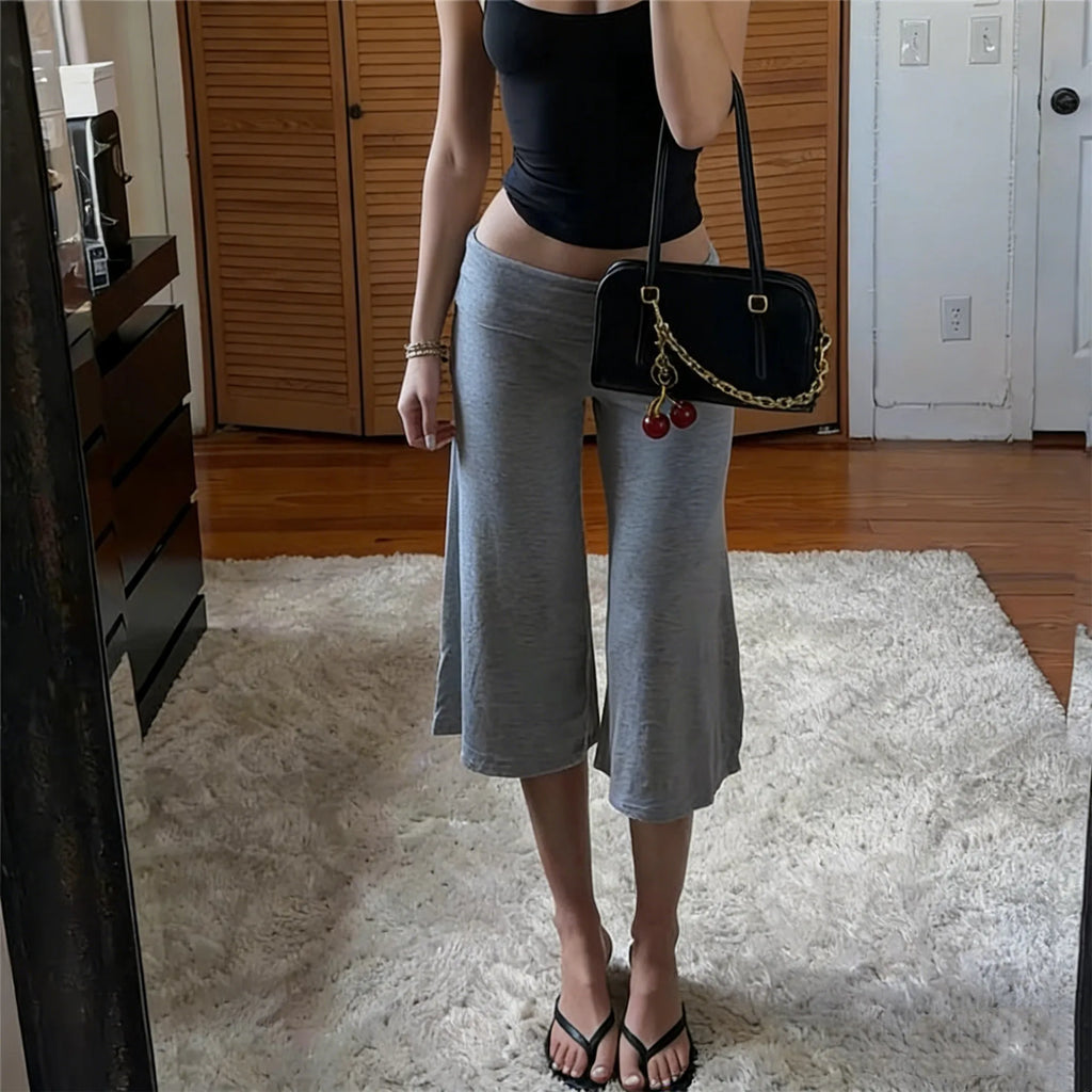 Gray Low-Rise Wide Leg Capri Pants Women's Y2K Fold-Over Waistband Capris