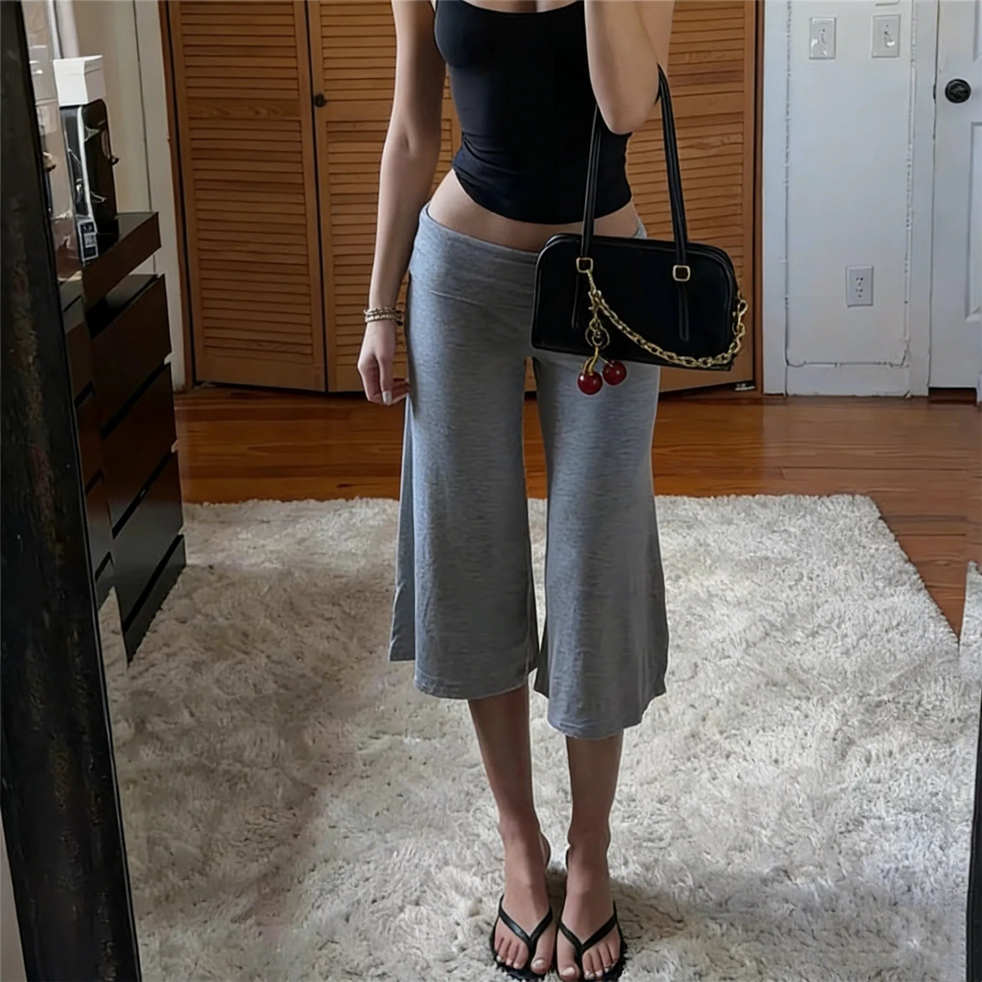 Gray Low-Rise Wide Leg Capri Pants Women's Y2K Fold-Over Waistband Capris
