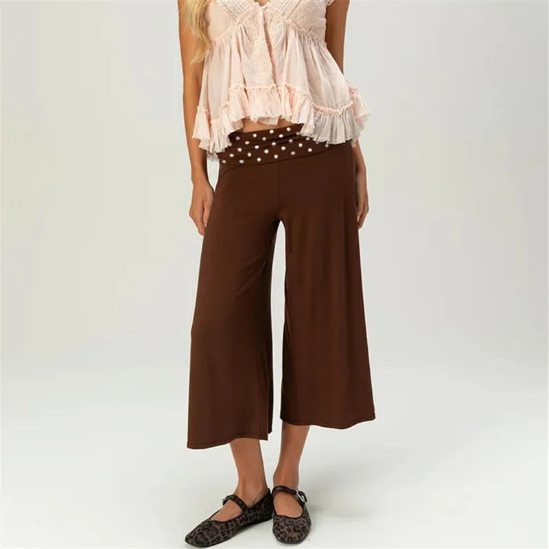Gray Low-Rise Wide Leg Capri Pants Women's Y2K Fold-Over Waistband Capris