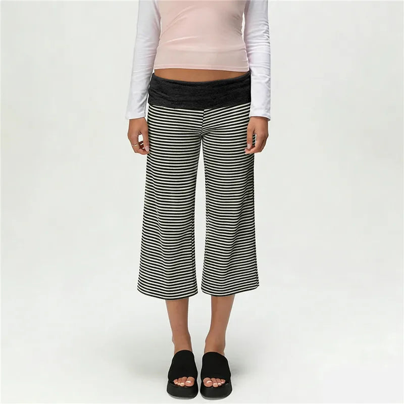 Gray Low-Rise Wide Leg Capri Pants Women's Y2K Fold-Over Waistband Capris