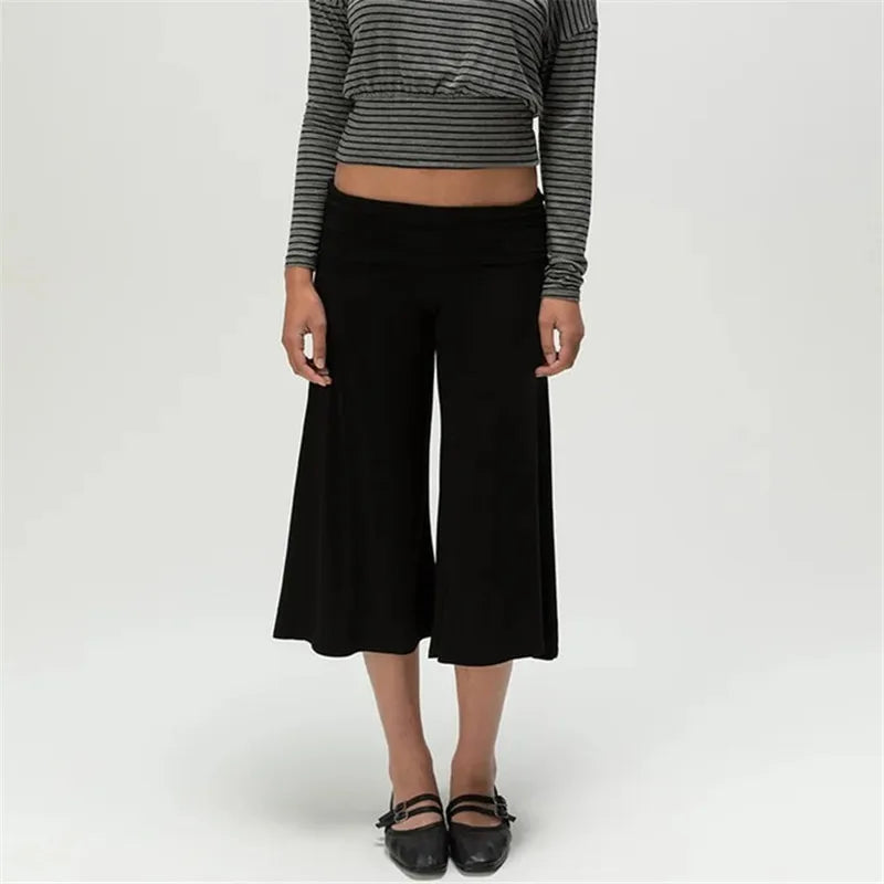 Gray Low-Rise Wide Leg Capri Pants Women's Y2K Fold-Over Waistband Capris