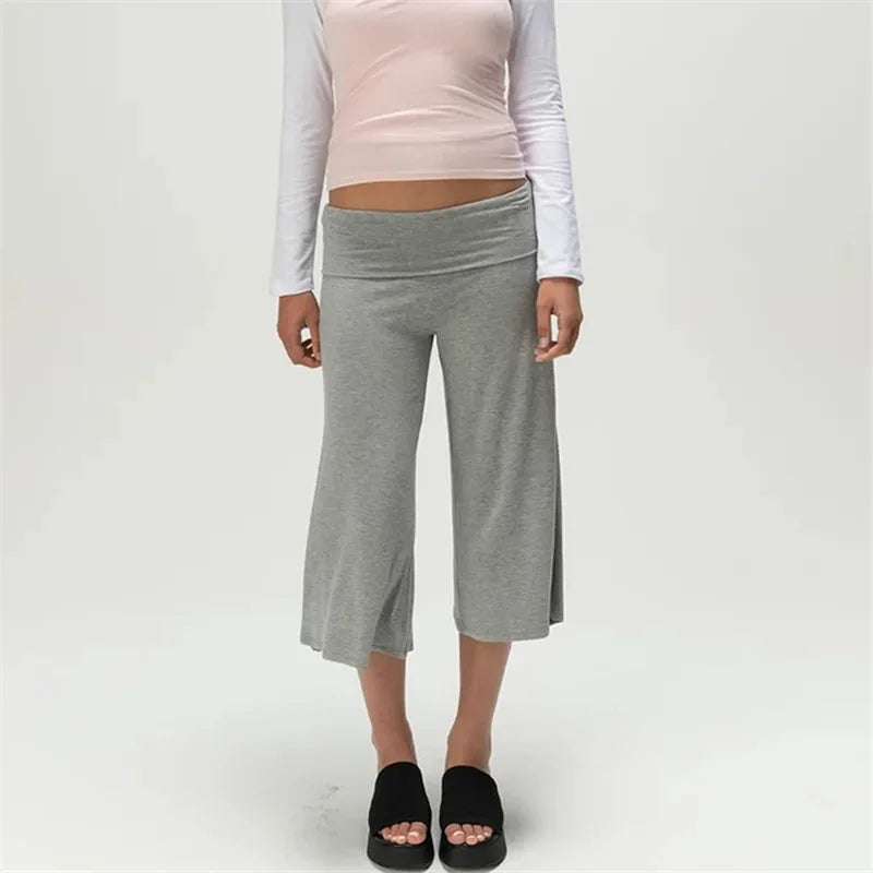 Gray Low-Rise Wide Leg Capri Pants Women's Y2K Fold-Over Waistband Capris