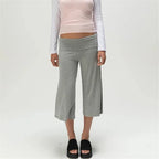 Gray Low-Rise Wide Leg Capri Pants Women's Y2K Fold-Over Waistband Capris