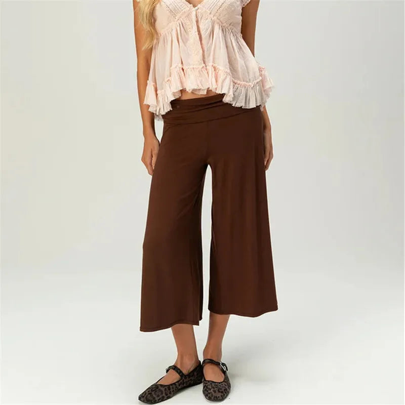 Gray Low-Rise Wide Leg Capri Pants Women's Y2K Fold-Over Waistband Capris