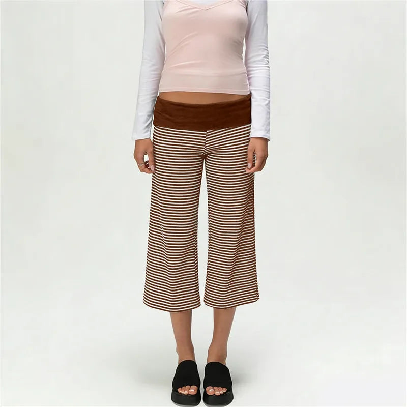 Gray Low-Rise Wide Leg Capri Pants Women's Y2K Fold-Over Waistband Capris