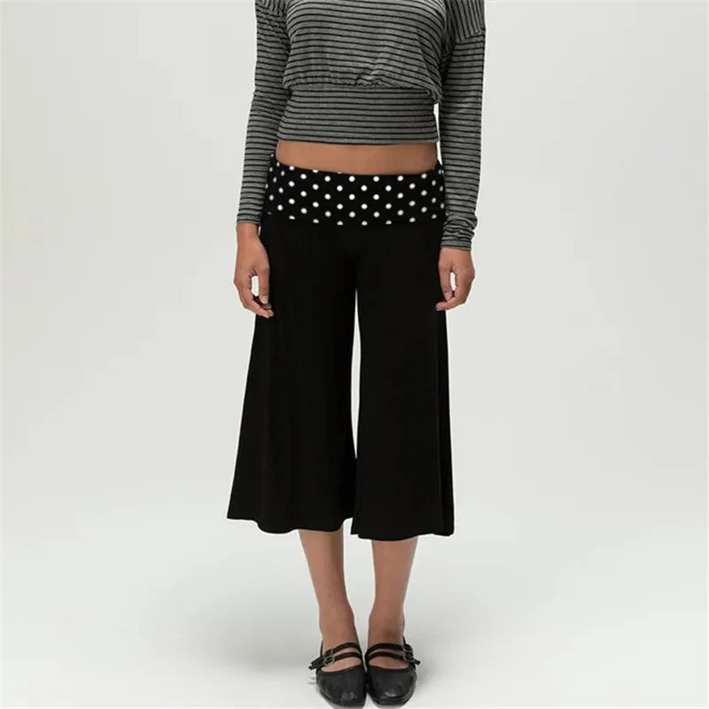 Gray Low-Rise Wide Leg Capri Pants Women's Y2K Fold-Over Waistband Capris