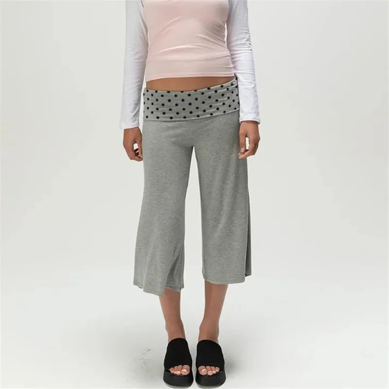 Gray Low-Rise Wide Leg Capri Pants Women's Y2K Fold-Over Waistband Capris