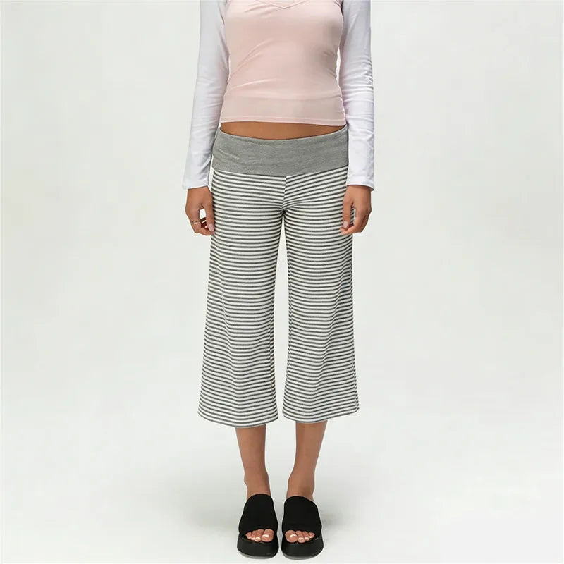 Gray Low-Rise Wide Leg Capri Pants Women's Y2K Fold-Over Waistband Capris