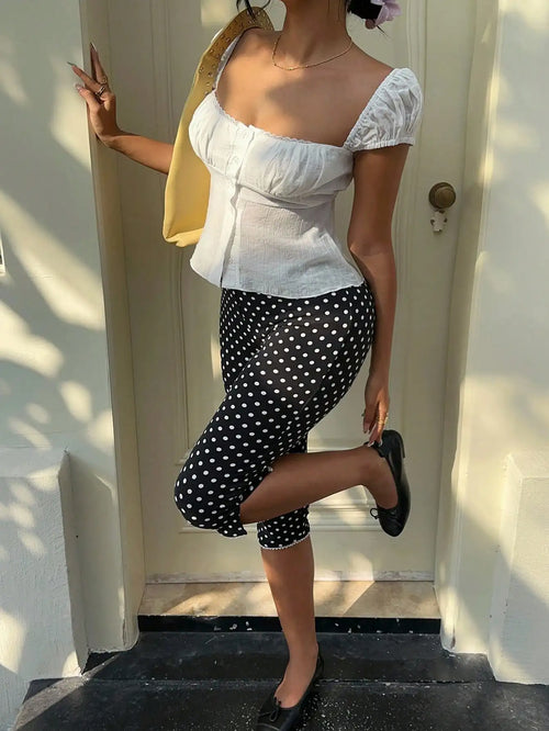 Black & White Polka Dot Capri Pants with Lace Ruffle Hem Women's Retro Print Stretch Capris