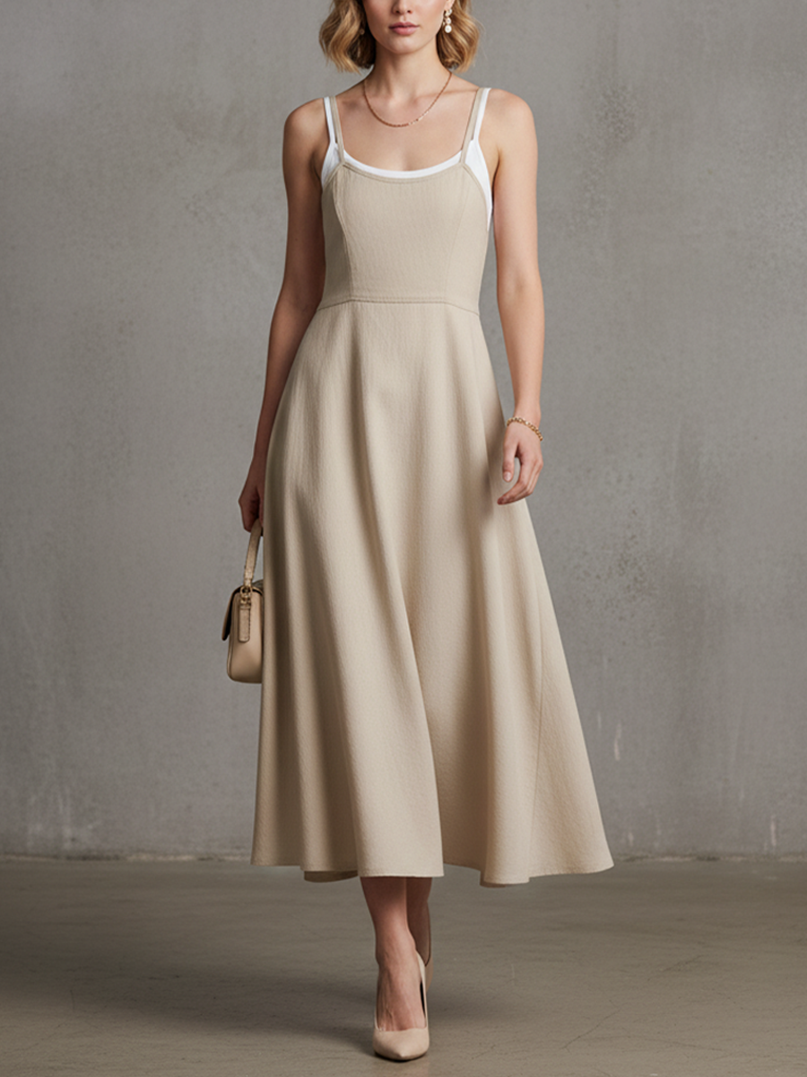 Women’s Minimalist Cotton-Blend Paneled Faux Two-Piece Midi Slip Dress – Elegant Modern Style