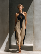 Women’s Black & Beige Halter Neck Midi Dress – Color Block Keyhole Cutout Dress