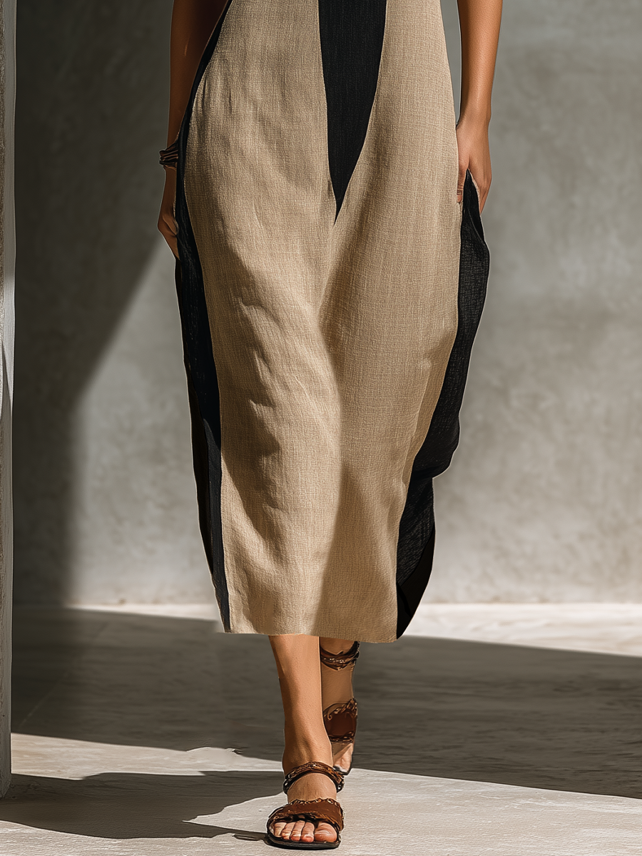 Women’s Black & Beige Halter Neck Midi Dress – Color Block Keyhole Cutout Dress
