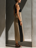 Women’s Black & Beige Halter Neck Midi Dress – Color Block Keyhole Cutout Dress