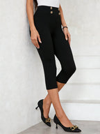 Black High-Waist Capri Pants with Gold Military Button Waistband  Women's Sleek Stretch Capris
