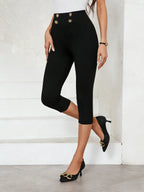 Black High-Waist Capri Pants with Gold Military Button Waistband  Women's Sleek Stretch Capris