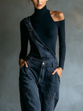 Women’s Blue-Black Ribbed Knit Cold Shoulder Turtleneck Top – Fitted Chic Long Sleeve