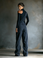 Women’s Blue-Black Ribbed Knit Cold Shoulder Turtleneck Top – Fitted Chic Long Sleeve