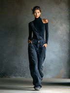 Women’s Blue-Black Ribbed Knit Cold Shoulder Turtleneck Top – Fitted Chic Long Sleeve