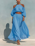 Women’s Blue Tencel Two Piece Set Cold Shoulder Halter Crop Top Maxi Skirt Set Flowy Summer Resort Vacation Elegant Matching Outfit