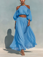 Women’s Blue Tencel Two Piece Set Cold Shoulder Halter Crop Top Maxi Skirt Set Flowy Summer Resort Vacation Elegant Matching Outfit