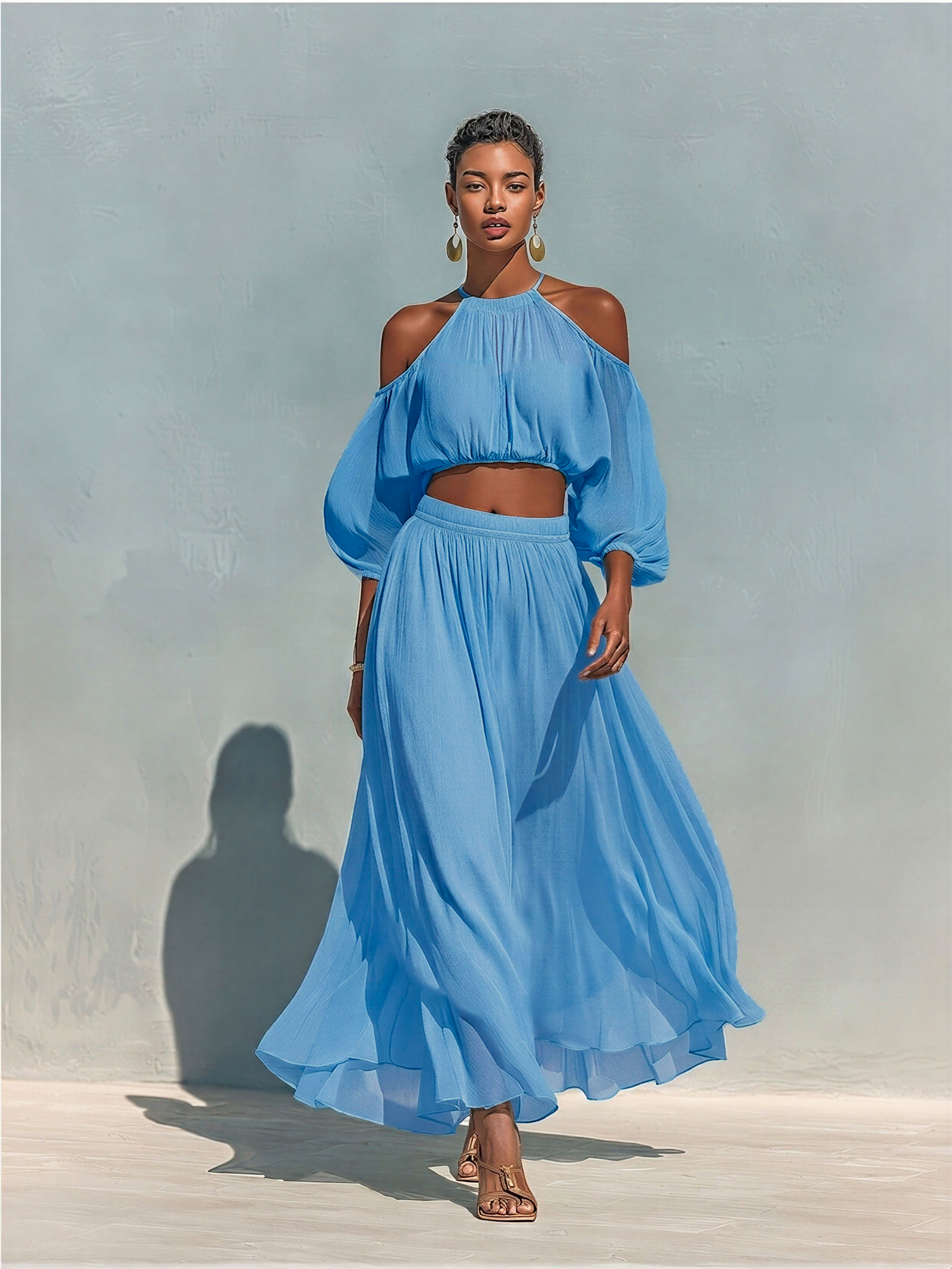 Women’s Blue Tencel Two Piece Set Cold Shoulder Halter Crop Top Maxi Skirt Set Flowy Summer Resort Vacation Elegant Matching Outfit